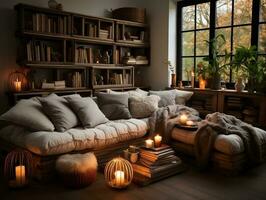 A cozy modern living room is adorned with wooden accents, including a rustic coffee table and a bookshelf filled with books and decorative items generative ai photo