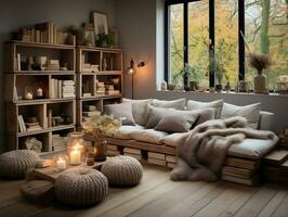 A cozy modern living room is adorned with wooden accents, including a rustic coffee table and a bookshelf filled with books and decorative items generative ai photo