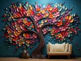 Colorful tree with vibrant leaves hanging branches illustration background 3d abstraction wallpaper for interior mural painting wall art decor generative ai photo