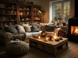 A cozy modern living room is adorned with wooden accents, including a rustic coffee table and a bookshelf filled with books and decorative items generative ai photo