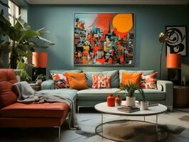 A retro-inspired modern home interior with a mix of vintage contemporary elements and bright orange accent wall and mid-century modern furniture generative ai photo