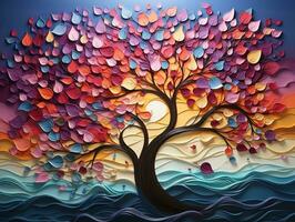 Colorful tree with vibrant leaves hanging branches illustration background 3d abstraction wallpaper for interior mural painting wall art decor generative ai photo