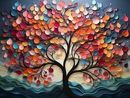 Colorful tree with vibrant leaves hanging branches illustration background 3d abstraction wallpaper for interior mural painting wall art decor generative ai photo