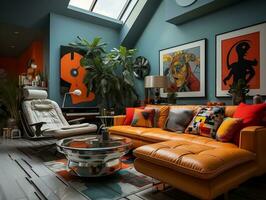 A retro-inspired modern home interior with a mix of vintage contemporary elements and bright orange accent wall and mid-century modern furniture generative ai photo