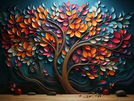 Colorful tree with vibrant leaves hanging branches illustration background 3d abstraction wallpaper for interior mural painting wall art decor generative ai photo
