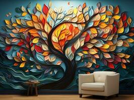 Colorful tree with vibrant leaves hanging branches illustration background 3d abstraction wallpaper for interior mural painting wall art decor generative ai photo