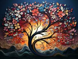 Colorful tree with vibrant leaves hanging branches illustration background 3d abstraction wallpaper for interior mural painting wall art decor generative ai photo