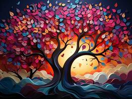 Colorful tree with vibrant leaves hanging branches illustration background 3d abstraction wallpaper for interior mural painting wall art decor generative ai photo