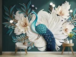 3d modern interior wall art decor with white, dark green, and golden tropical palm leaf branches and flowers with feathers peacock bird illustration background generative ai photo
