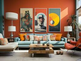 A retro-inspired modern home interior with a mix of vintage contemporary elements and bright orange accent wall and mid-century modern furniture generative ai photo