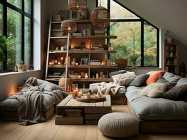 A cozy modern living room is adorned with wooden accents, including a rustic coffee table and a bookshelf filled with books and decorative items generative ai photo