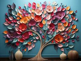 Colorful tree with leaves on hanging branches illustration background. 3d abstraction interior mural wall art decor generative ai photo