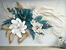 3d modern interior wall art decor with white, dark green, and golden tropical palm leaf branches and flowers with feathers peacock bird illustration background generative ai photo