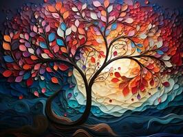 Colorful tree with vibrant leaves hanging branches illustration background 3d abstraction wallpaper for interior mural painting wall art decor generative ai photo
