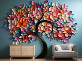 Colorful tree with leaves on hanging branches illustration background. 3d abstraction interior mural wall art decor generative ai photo