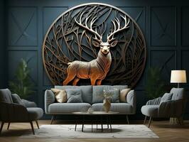 Abstract modern 3d interior mural wall art dark green and golden forest trees, deer animal wildlife with birds, golden moon, and waves mountains generative ai photo