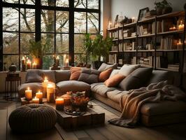 A cozy modern living room is adorned with wooden accents, including a rustic coffee table and a bookshelf filled with books and decorative items generative ai photo