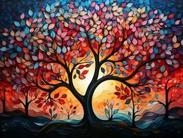 Colorful tree with vibrant leaves hanging branches illustration background 3d abstraction wallpaper for interior mural painting wall art decor generative ai photo