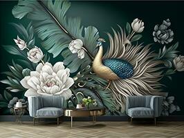 3d modern interior wall art decor with white, dark green, and golden tropical palm leaf branches and flowers with feathers peacock bird illustration background generative ai photo