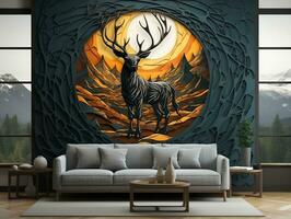 Abstract modern 3d interior mural wall art dark green and golden forest trees, deer animal wildlife with birds, golden moon, and waves mountains generative ai photo