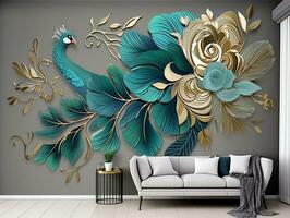 3d modern interior wall art decor with white, dark green, and golden tropical palm leaf branches and flowers with feathers peacock bird illustration background generative ai photo