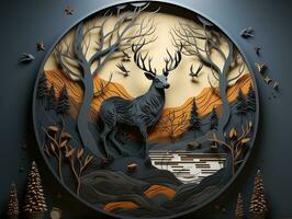 Abstract modern 3d interior mural wall art dark green and golden forest trees, deer animal wildlife with birds, golden moon, and waves mountains generative ai photo