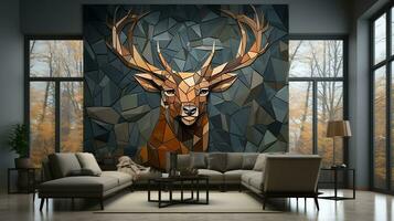 3d interior wall art decor living room with stereo deer animal and abstract geometric crack stone wall generative ai photo