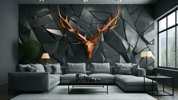 3d interior wall art decor living room with stereo deer animal and abstract geometric crack stone wall generative ai photo