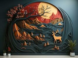 Abstract modern 3d interior mural wall art dark green and golden forest trees, deer animal wildlife with birds, golden moon, and waves mountains generative ai photo