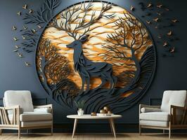 Abstract modern 3d interior mural wall art dark green and golden forest trees, deer animal wildlife with birds, golden moon, and waves mountains generative ai photo