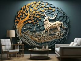 Abstract modern 3d interior mural wall art dark green and golden forest trees, deer animal wildlife with birds, golden moon, and waves mountains generative ai photo