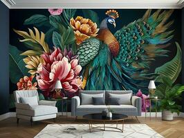 3d modern interior wall art decor with white, dark green, and golden tropical palm leaf branches and flowers with feathers peacock bird illustration background generative ai photo