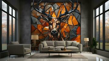 3d interior wall art decor living room with stereo deer animal and abstract geometric crack stone wall generative ai photo