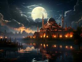 Beautiful islamic mosque with night moon sky and cloud photo wallpaper generative ai