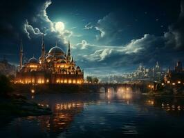 Beautiful islamic mosque with night moon sky and cloud photo wallpaper generative ai