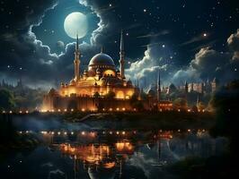 Beautiful islamic mosque with night moon sky and cloud photo wallpaper generative ai
