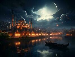 Beautiful islamic mosque with night moon sky and cloud photo wallpaper generative ai