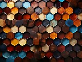 Abstract wooden seamless hexagonal mosaic tiles background with hexagons cubes in wooden texture generative ai photo