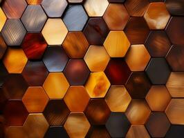 Abstract wooden seamless hexagonal mosaic tiles background with hexagons cubes in wooden texture generative ai photo