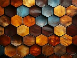 Abstract wooden seamless hexagonal mosaic tiles background with hexagons cubes in wooden texture generative ai photo