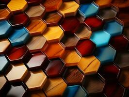 Abstract wooden seamless hexagonal mosaic tiles background with hexagons cubes in wooden texture generative ai photo