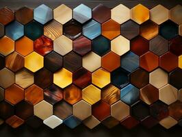 Abstract wooden seamless hexagonal mosaic tiles background with hexagons cubes in wooden texture generative ai photo