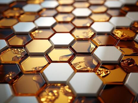 3D abstract hexagon background in golden and white colors honeycombs 3D abstract designs generative ai photo