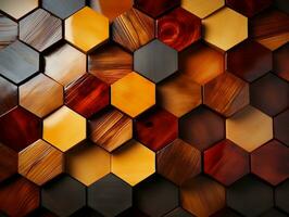 Abstract wooden seamless hexagonal mosaic tiles background with hexagons cubes in wooden texture generative ai photo