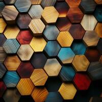 Abstract wooden seamless hexagonal mosaic tiles background with hexagons cubes in wooden texture generative ai photo