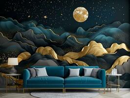 3d abstraction modern wall art night landscape with dark blue and golden turquoise mountains black background with moon and golden trees generative ai photo