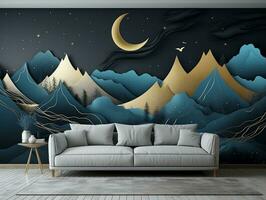 3d abstraction modern wall art night landscape with dark blue and golden turquoise mountains black background with moon and golden trees generative ai photo