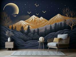 3d modern interior home wall decoration. golden and dark blue mountains, featuring a golden tree with moon dark landscape background generative ai photo