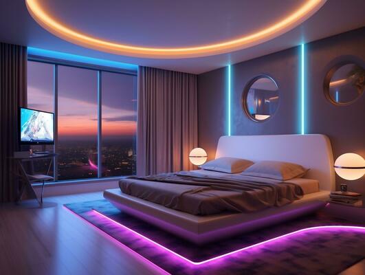 3D modern bedroom with multicolored led strip lights generative ai