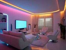moderno inteligente vivo habitación con multicolor LED ligero generativo ai foto